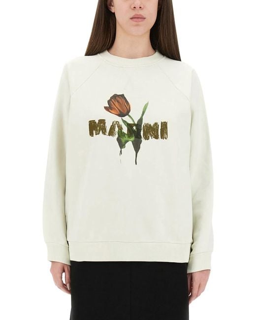 Marni Natural Cotton Sweatshirt With Tulip Print