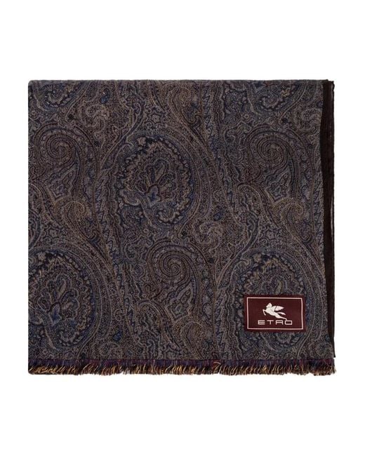 Etro Black Paisley Pattern Scarf With Fringed Edges for men