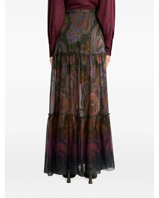 Etro Brown Silk Maxi Skirt With Placed Paisley Print