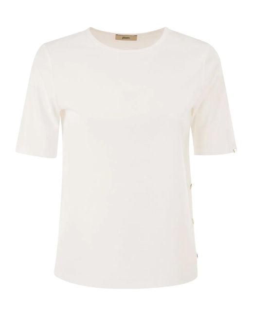 Herno White Cotton T-Shirt With Logo Buttons On The Sides