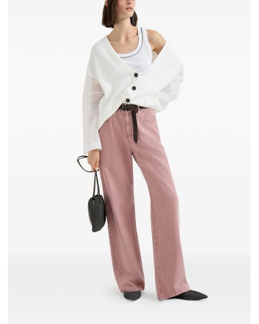 Brunello Cucinelli White Ribbed Cardigan With Organza Sleeves