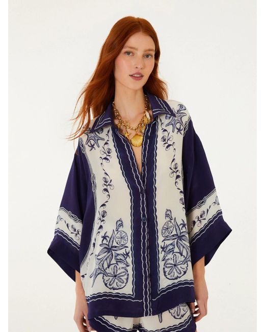 Farm Rio Blue Shirt With Coast Scarf Print