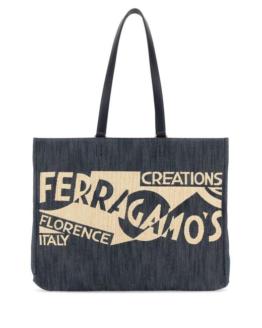 Ferragamo Black Denim Large Tt Sign Shopping Bag