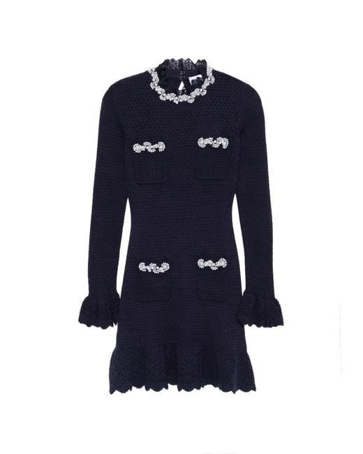 Self-Portrait Blue Pearl Trim Knit Mini Dress