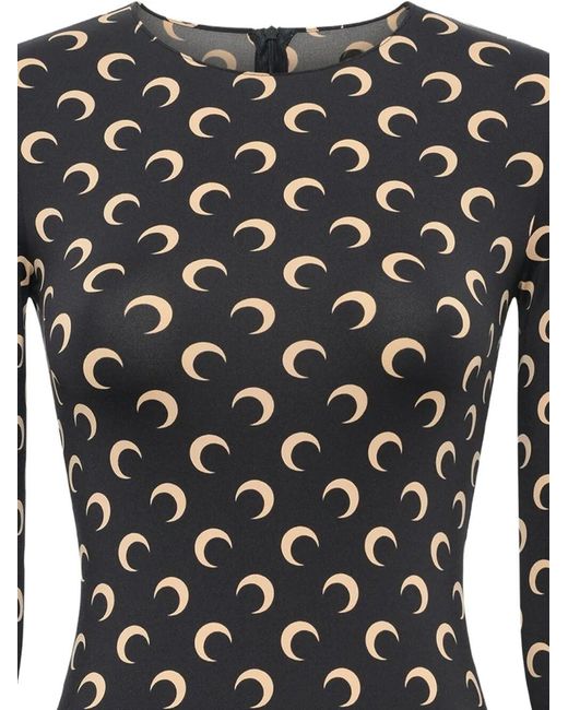 MARINE SERRE Black "Moon" Printed Jersey Long Sleeves Short Catsuit