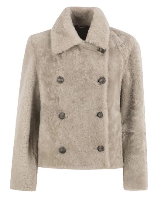 Brunello Cucinelli Natural Double-Breasted Shearling Jacket