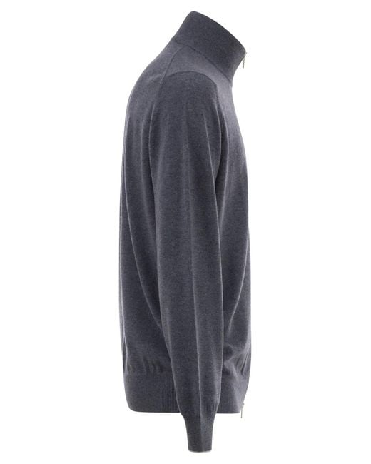 Brunello Cucinelli Blue High-Necked Cashmere Cardigan With Zip for men
