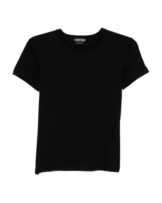 Tom Ford Black Cotton T-Shirt With Tf Logo Embroidery