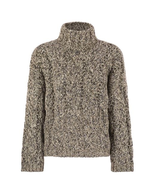 Brunello Cucinelli Brown Soft Wool, Cashmere And Mohair Turtleneck Sweater With Braided Design