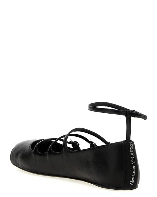 McQueen Black Leather Strap Ballet Flats