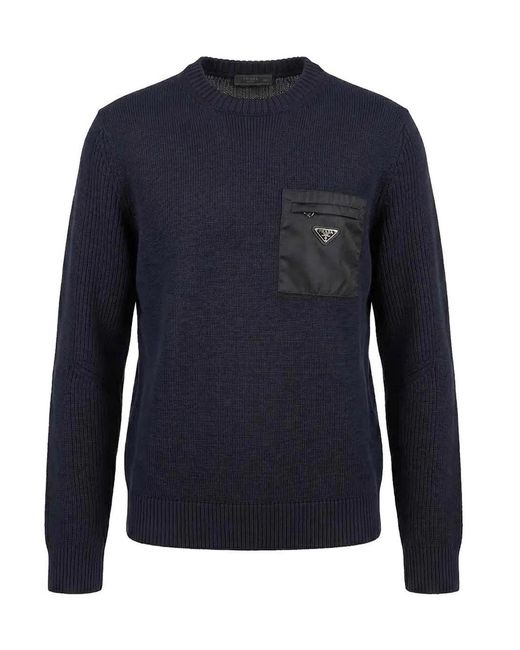 Prada Blue Sweater With Re-Nylon Detail for men