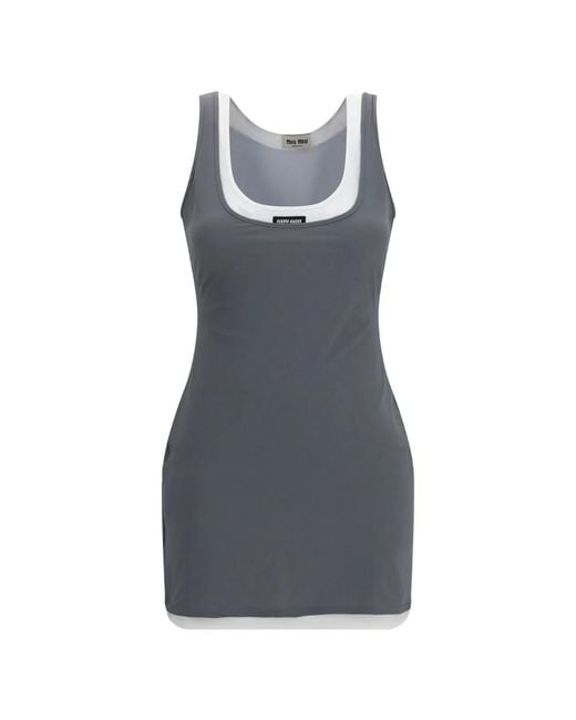 Miu Miu Blue Layered-Effect Logo-Patch Dress