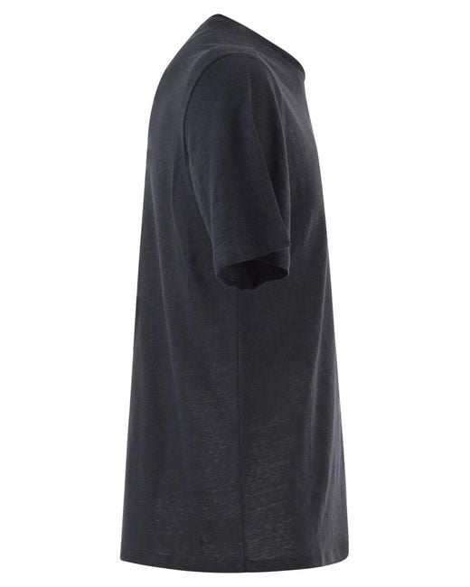 Majestic Black Stretch Linen T-Shirt With Round Neckline for men