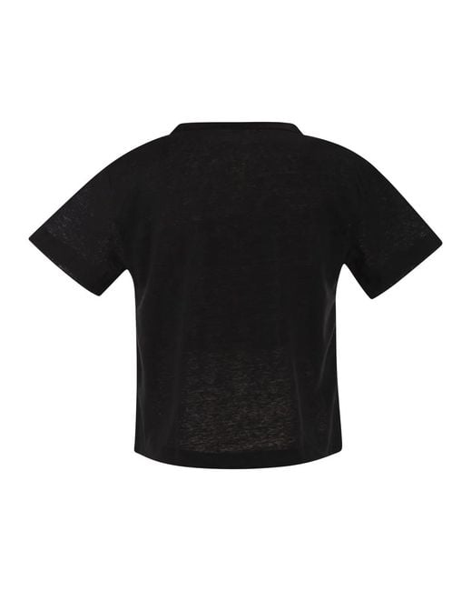 Majestic Black Stretch Linen T-Shirt With V-Neck