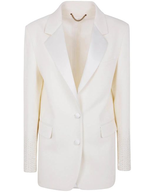 Golden Goose Deluxe Brand White Journey W's Single Breasted Over Jacket Viscose Wool Crepe W Satin Lapel & Beads Embroidery