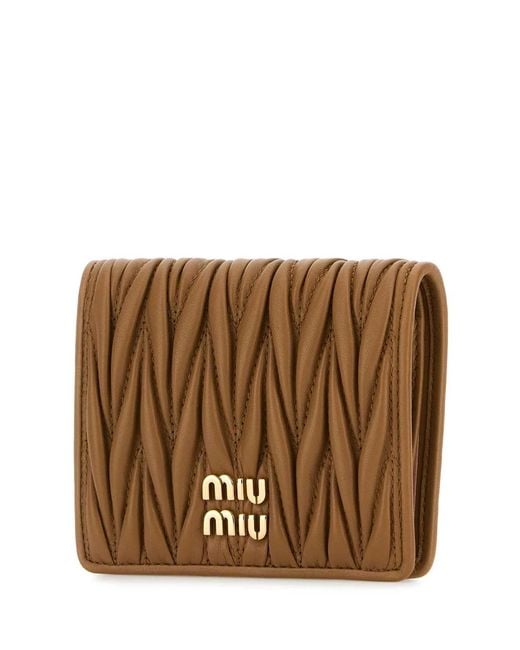 Miu Miu Brown Small Matelassé Nappa Leather Wallet With Snap Closure