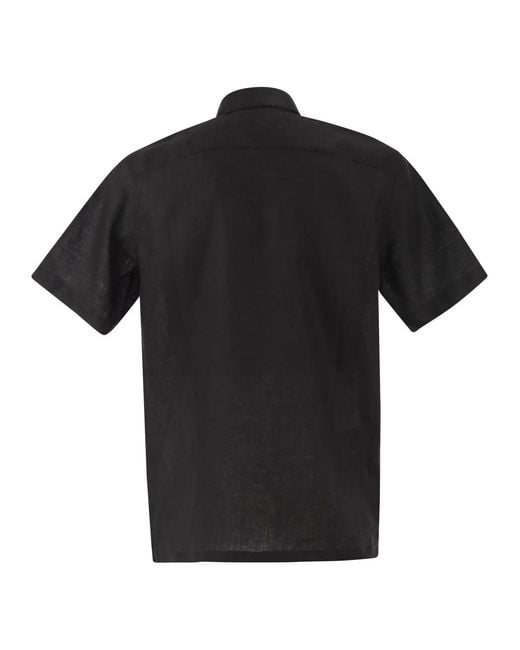PT Torino Black Short-Sleeved Linen Shirt for men