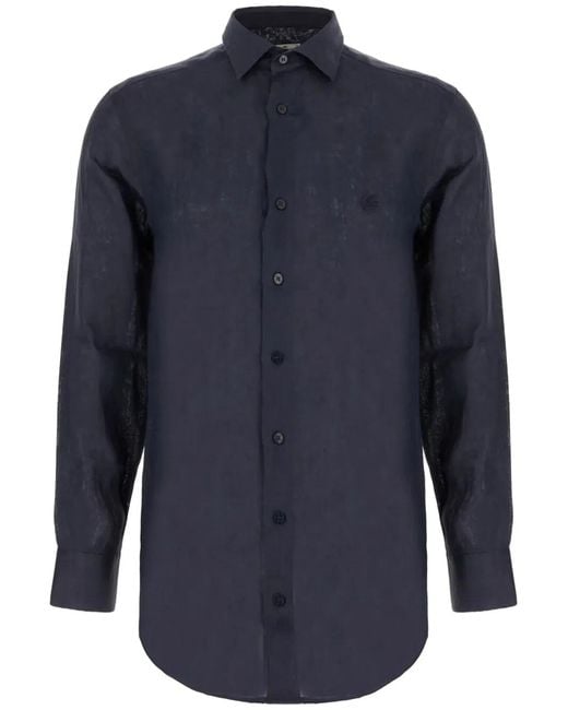 Etro Blue Linen Shirt With Pegaso Embroidery for men