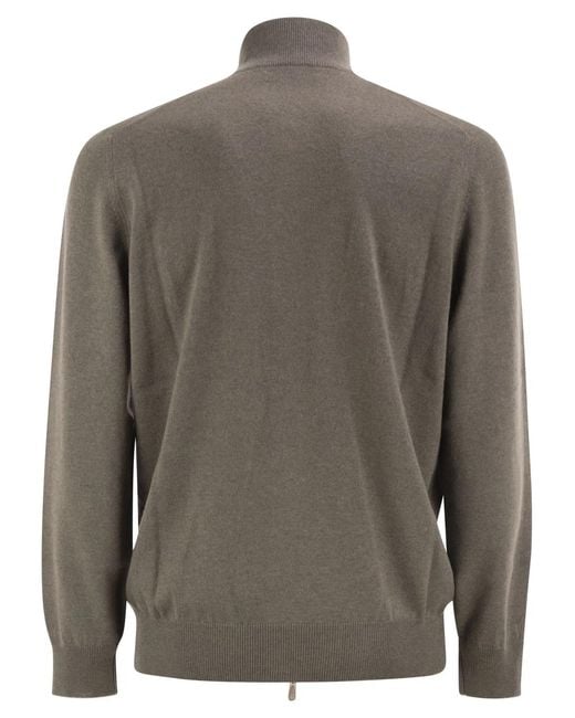 Brunello Cucinelli Gray High-Necked Cashmere Cardigan With Zip for men