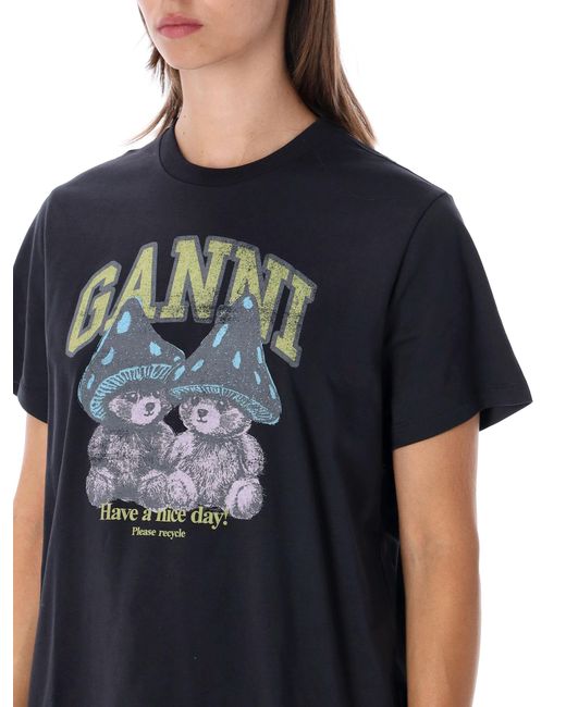 Ganni Black Basic Tshirt Ss Relaxed Teddy Mushrooms