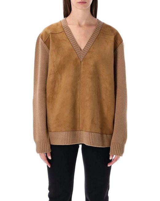 Prada Natural Wool And Cashmere Sweater With Lambskin Front