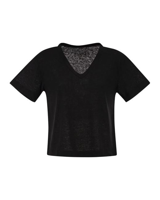 Majestic Black Stretch Linen T-Shirt With V-Neck