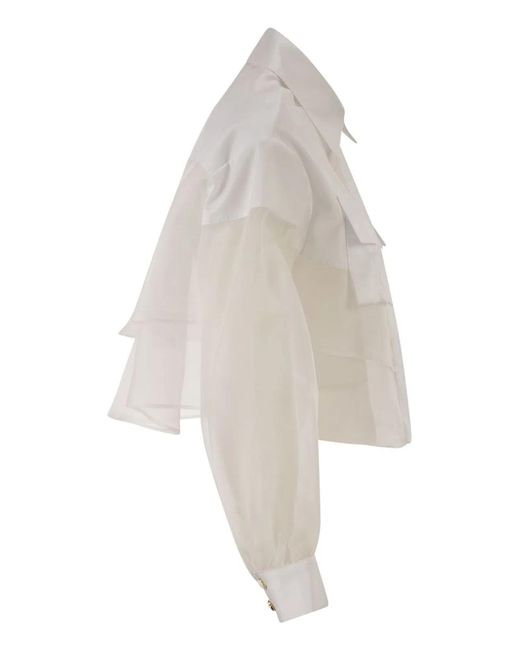 Elisabetta Franchi White Cropped Cotton Shirt With Silk Organza Inserts