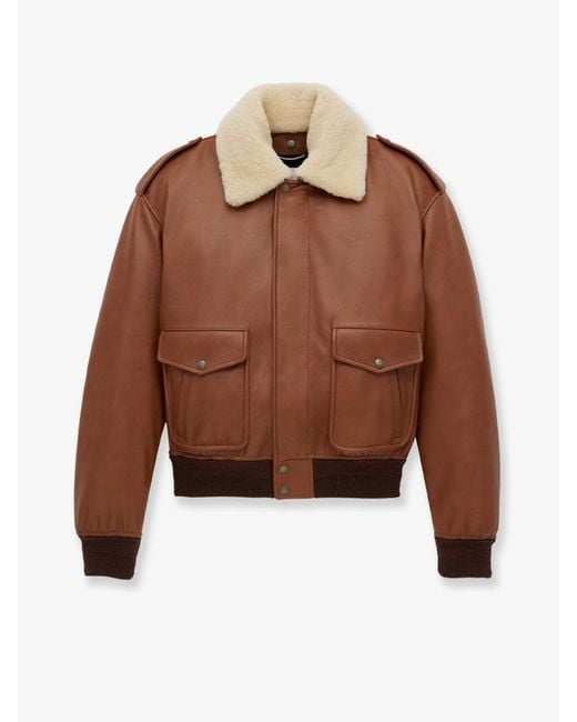 Saint Laurent Brown Leather Bomber Jacket With Shearling Collar