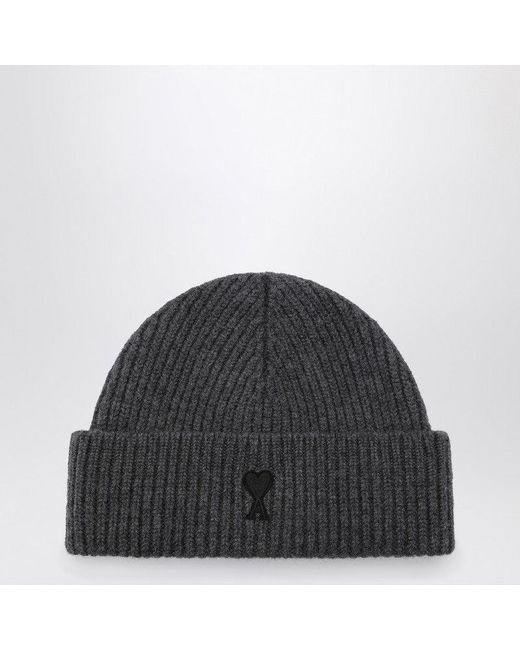 AMI Black De Coeur Wool Beanie for men