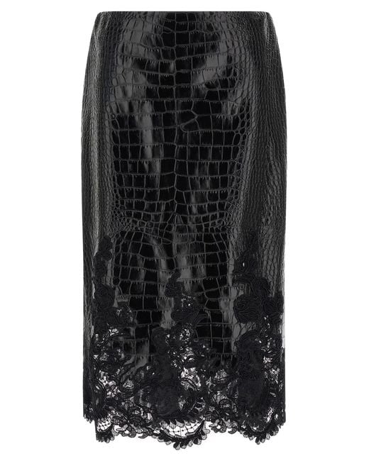 Ermanno Scervino Black Coconut Print Sheath Skirt With Lace