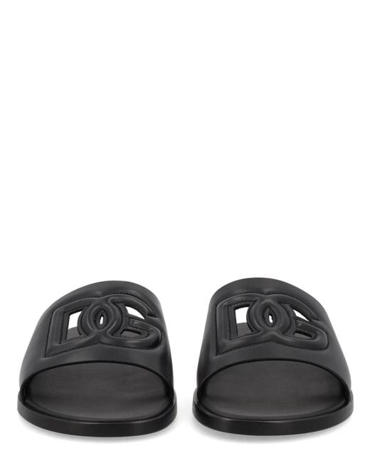 Dolce & Gabbana Black Dolce & Gabbana Leather Slippers With Logo for men