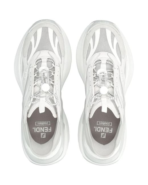 Fendi White F-Light Leather And Mesh Sneakers