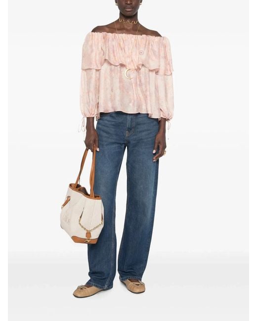 Chloé Pink Off-The-Shoulder Top With Puff Sleeves