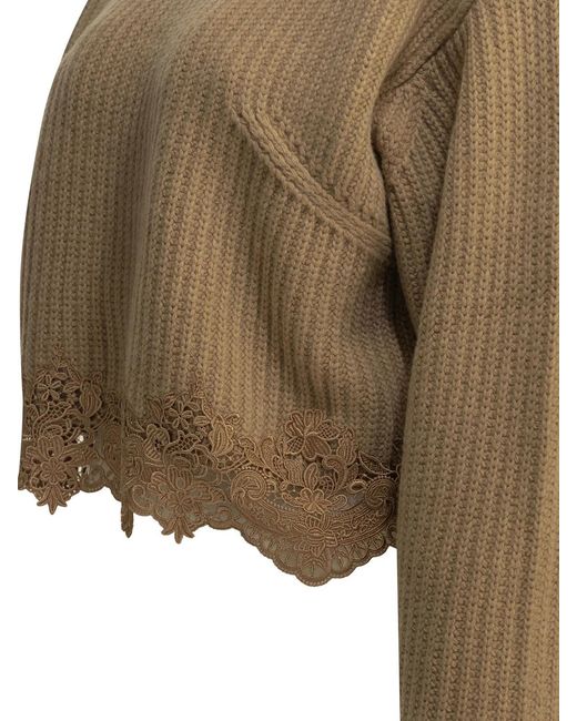 Chloé Natural Crew-Neck Sweater With Lace