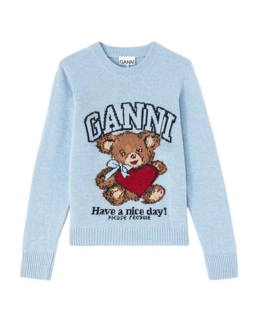 Ganni Blue Wool Crewneck Sweater