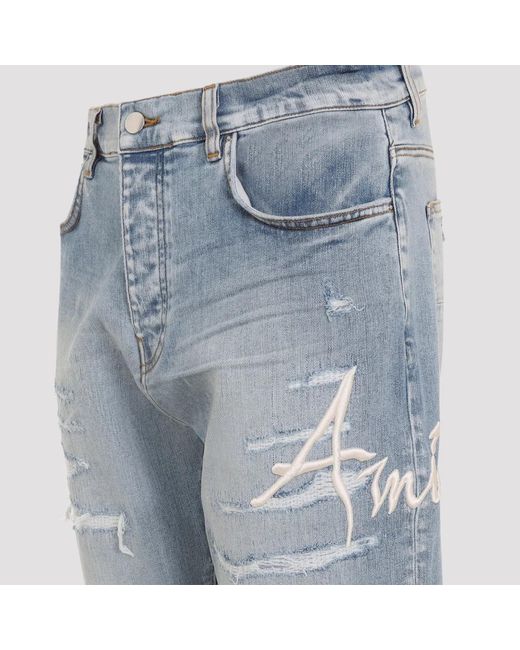 Amiri Blue Worn Slate Cotton Repaired Slim Jeans for men