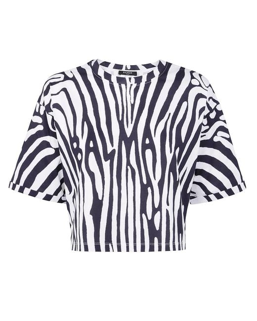 Balmain Blue Zebra Print Crop T-Shirt