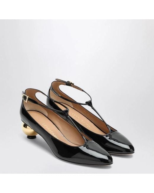 Ferragamo Black Patent T-Strap Décolleté
