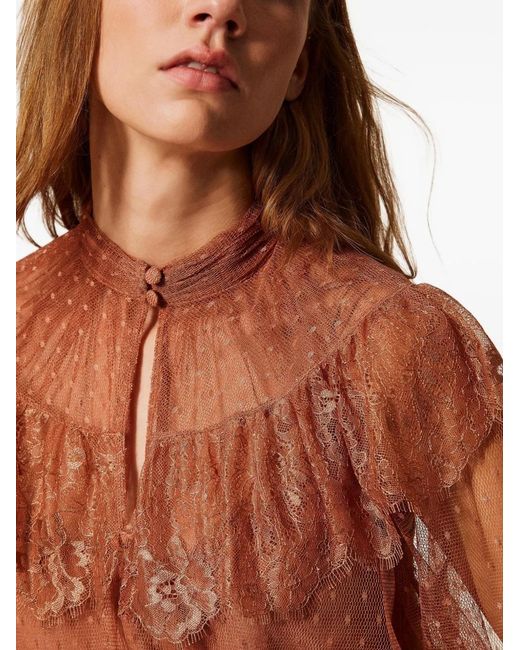 Twinset Brown Lace Ruffled Shirt