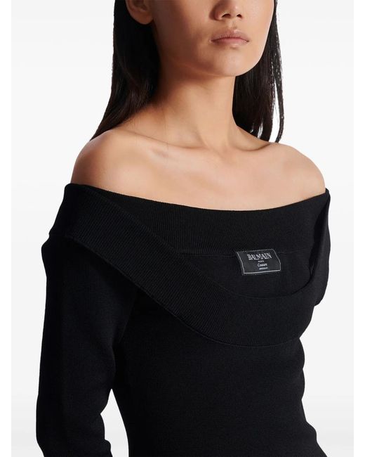 Balmain Black Ls Double Collar Knit Zipped Midi Dress