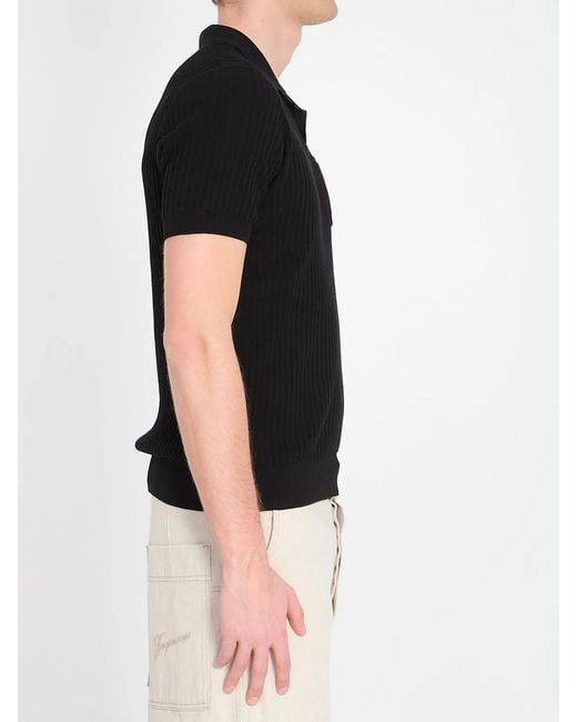 Roberto Collina Black Ribbed Polo Shirt for men