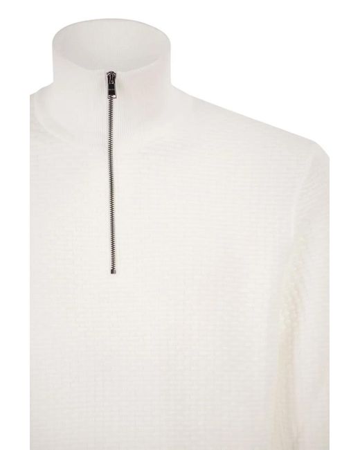 Boss White Textured Cotton Sweater With High Neck And Zip for men