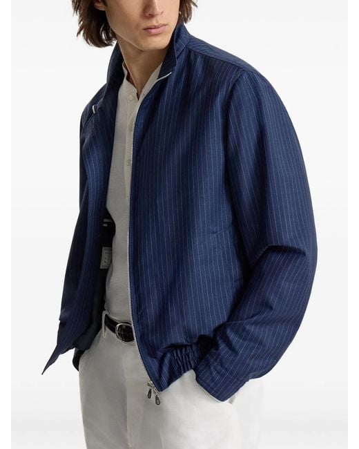 Brunello Cucinelli Blue Pinstripe Stand-Collar Jacket for men