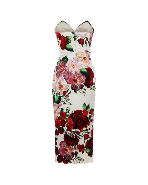 Dolce & Gabbana Red Strapless Floral-Print Satin Bustier Midi Dress