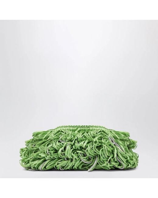 HIBOURAMA Green Beatrix Apple Clutch With Raffia Fringes And Crystals