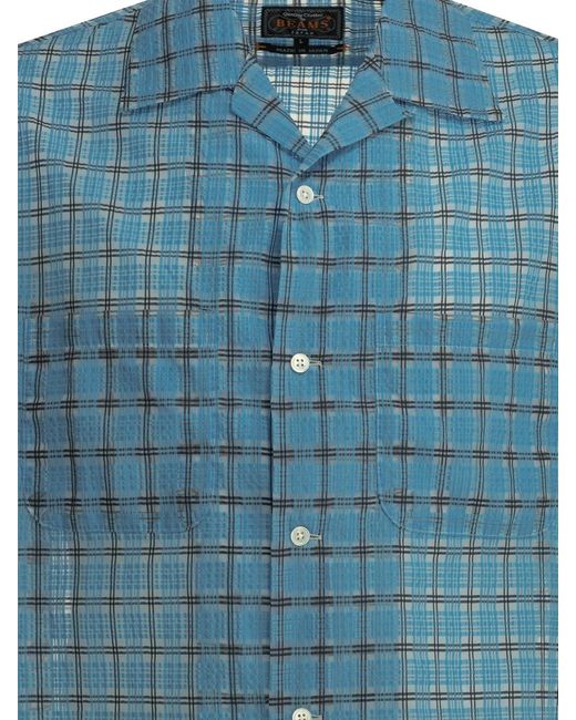Beams Plus Blue "Open Collar Nylon Airy Plaid" Casual Shirt for men