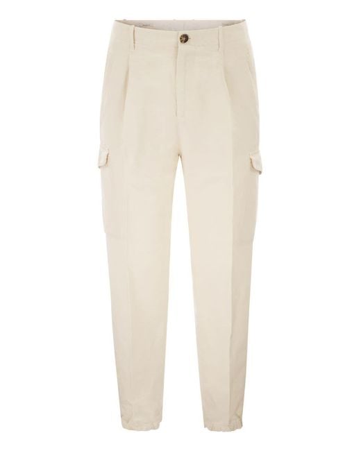 Brunello Cucinelli Natural Linen And Cotton Trousers With Cargo Pockets And Zip for men