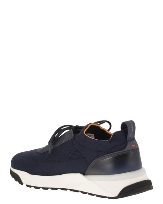 Santoni Blue Textile And Leather Trainers With Raised Sole for men