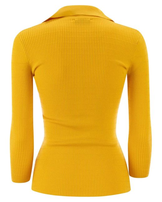 Elisabetta Franchi Yellow Micro-Cable Knit Polo Shirt