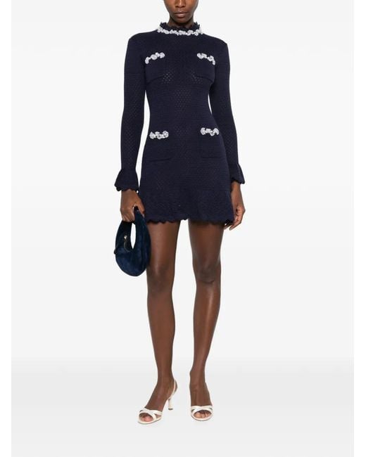 Self-Portrait Blue Pearl Trim Knit Mini Dress